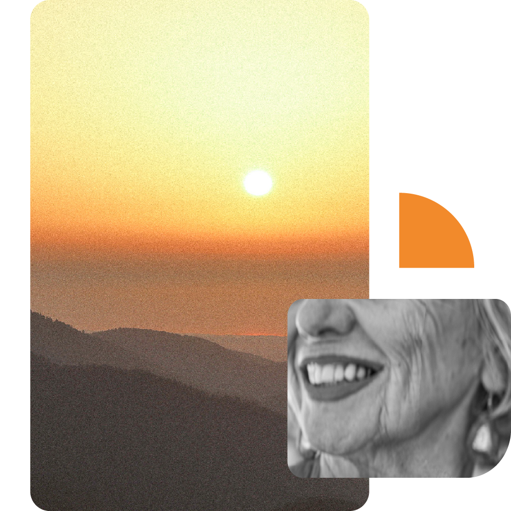 Collage of a nature photo of an orange sunset over mountains, a cropped photo of an older woman's smile, and a sun graphic