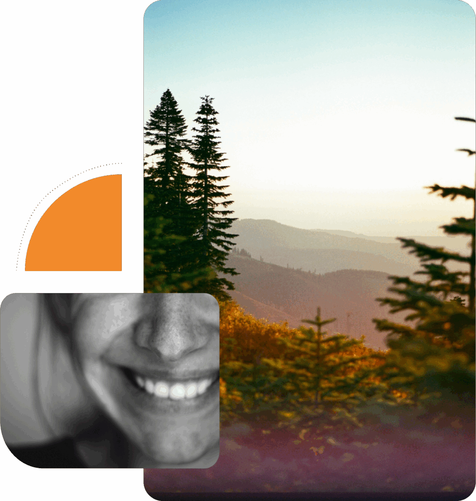 Collage of a photo of mountains and a woman's smile