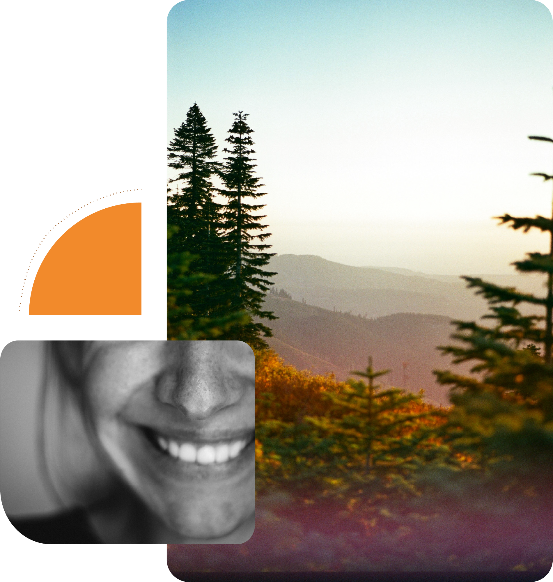 Collage of a photo of mountains and a woman's smile